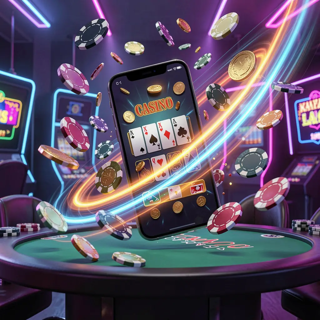 NKJL fast casino app access visual showing a smartphone with speed light trails, coins and chips flying around against a modern neon casino background in a dynamic 3D render NKJL fast casino app access visual showing a smartphone with speed light trails, coins and chips flying around against a modern neon casino background in a dynamic 3D render