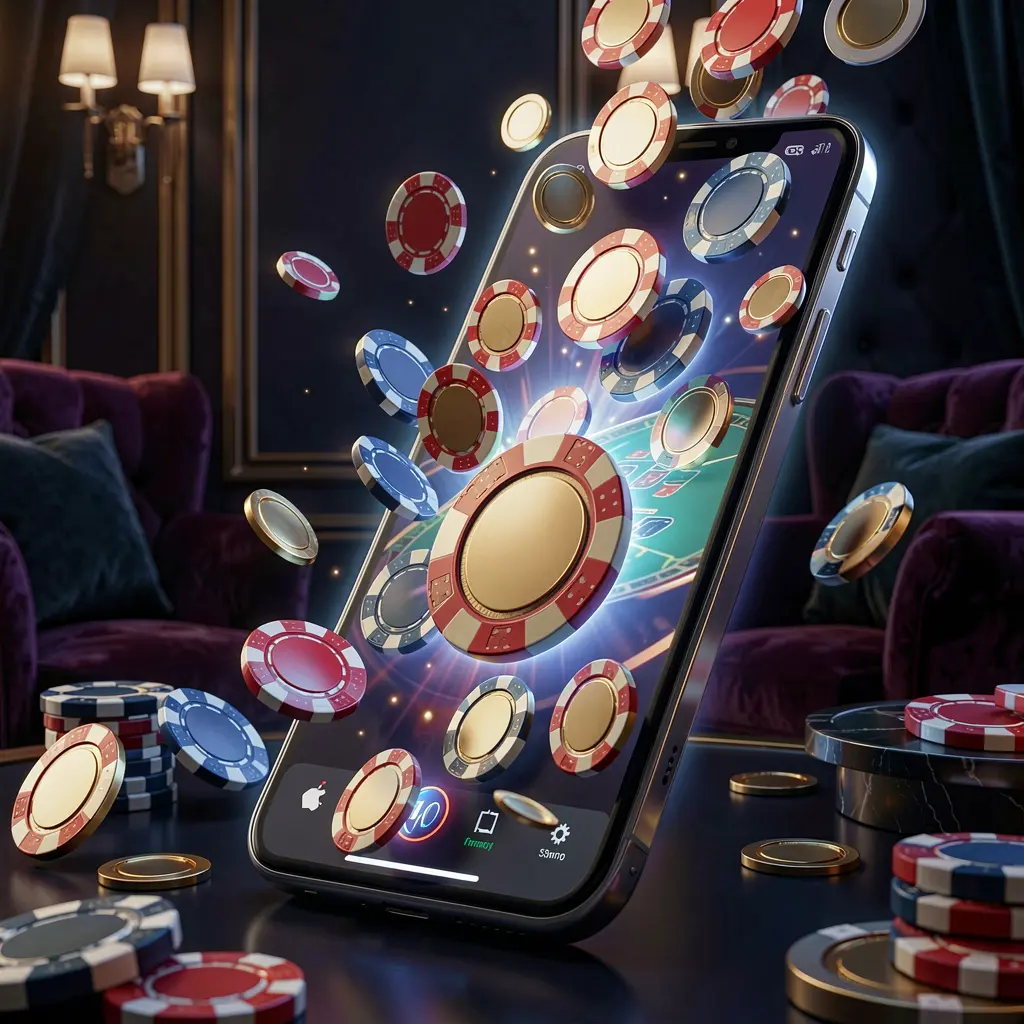 NKJL online gaming app on a smartphone screen glowing with casino chips and coins emerging against a luxury dark background with cinematic lighting in a high detail 3D render NKJL online gaming app on a smartphone screen glowing with casino chips and coins emerging against a luxury dark background with cinematic lighting in a high detail 3D render