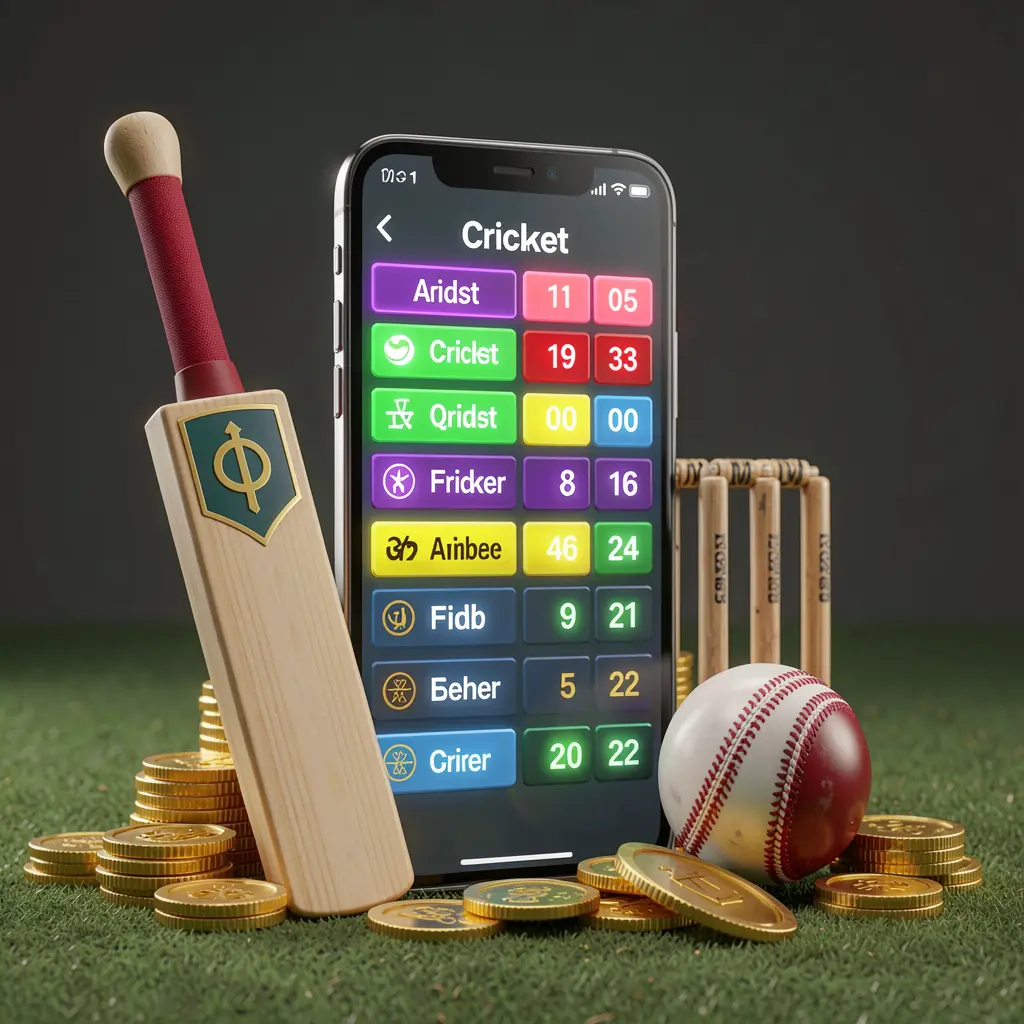 NKJL modern cricket betting scene with smartphone displaying glowing cricket odds interface, cricket bat, ball, wickets, and golden coins in a premium 3D illustration