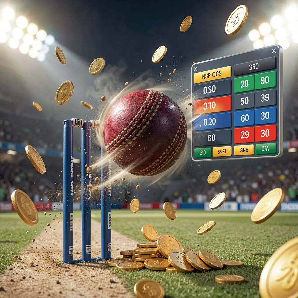 NKJL cricket match betting banner showing a cricket ball hitting wickets with dynamic motion under stadium lights, with floating odds interface and coins creating a premium sports atmosphere
