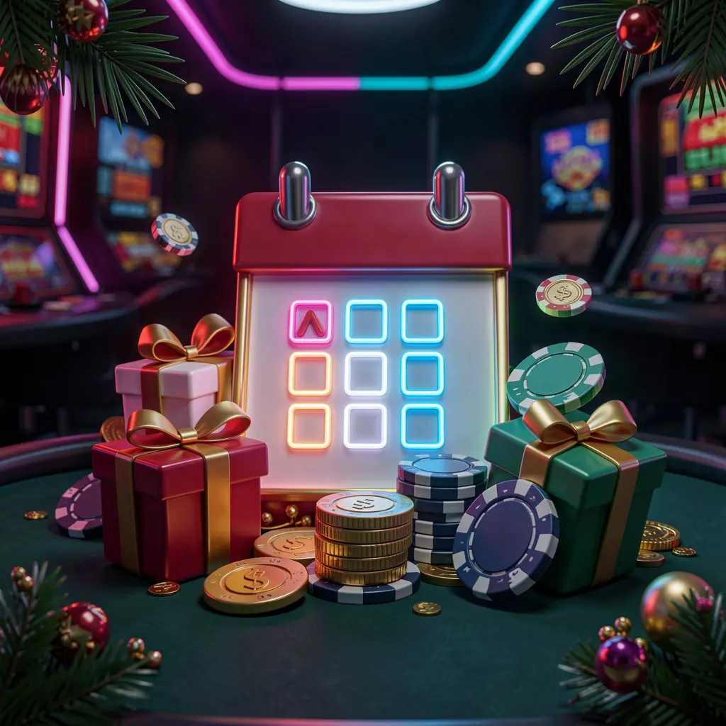 NKJL weekly casino bonus concept featuring a calendar icon, gift boxes, coins, and chips with a festive dark background and neon glow in premium 3D style