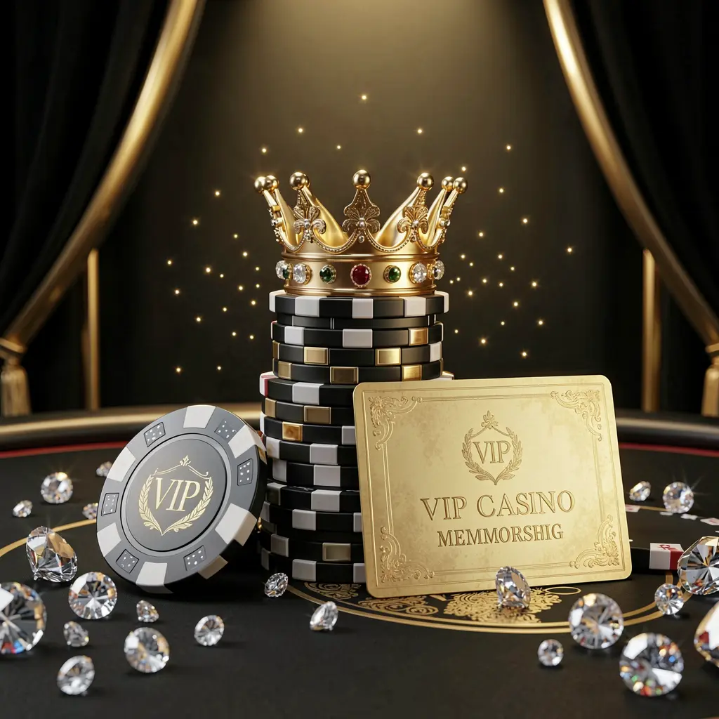 NKJL VIP casino rewards concept featuring an elegant golden crown on poker chips with sparkling diamonds and a premium membership card against a luxury black and gold background with a soft golden glow