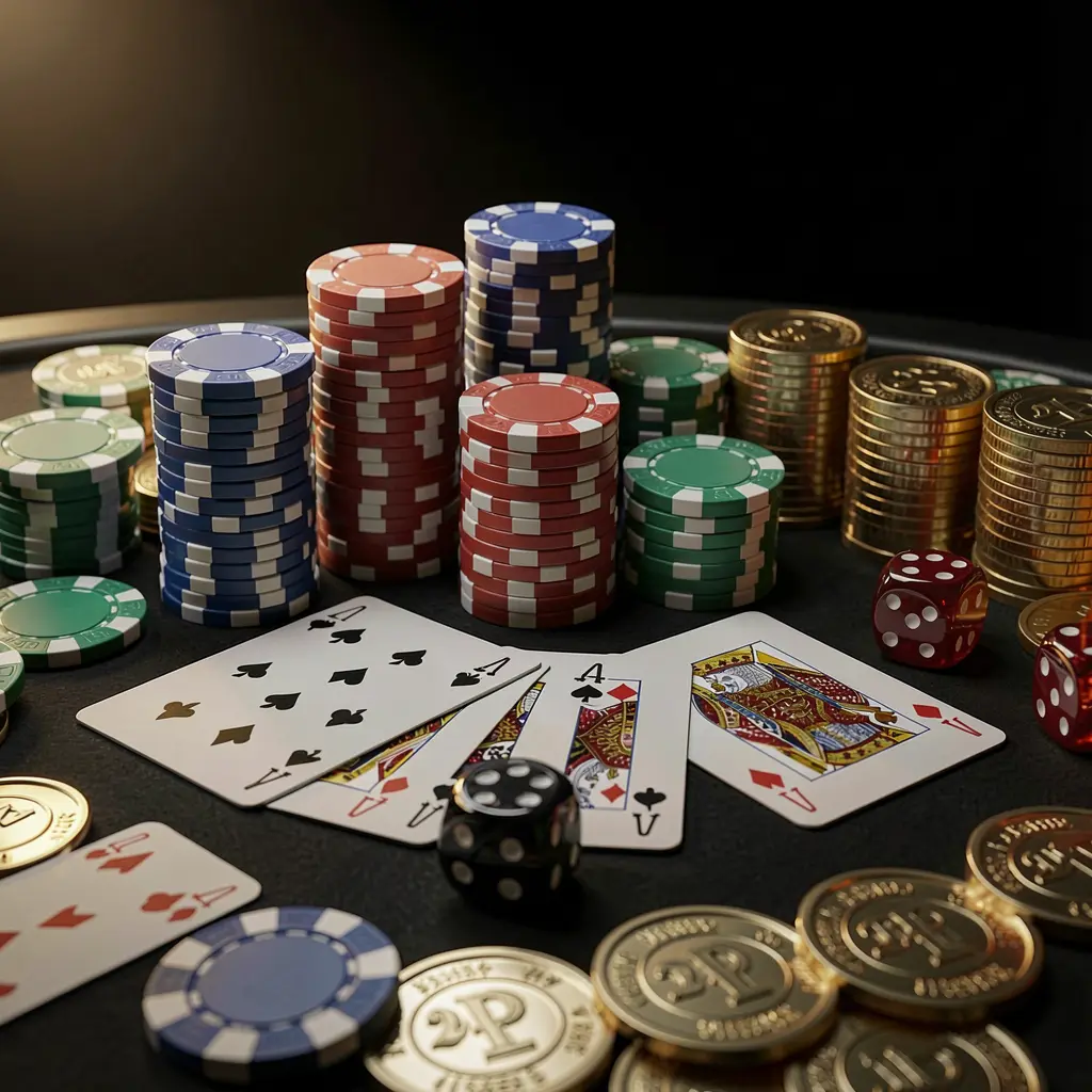 Close-up of an elegant NKJL casino table featuring poker chips, playing cards, dice, and gold coins with soft cinematic lighting against a luxury black background