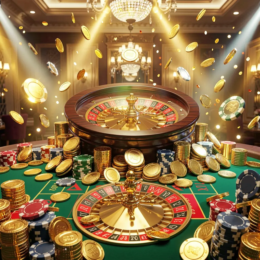 NKJL casino jackpot scene featuring golden coins, poker chips, and a roulette wheel with bright glowing lights in a luxury celebration atmosphere