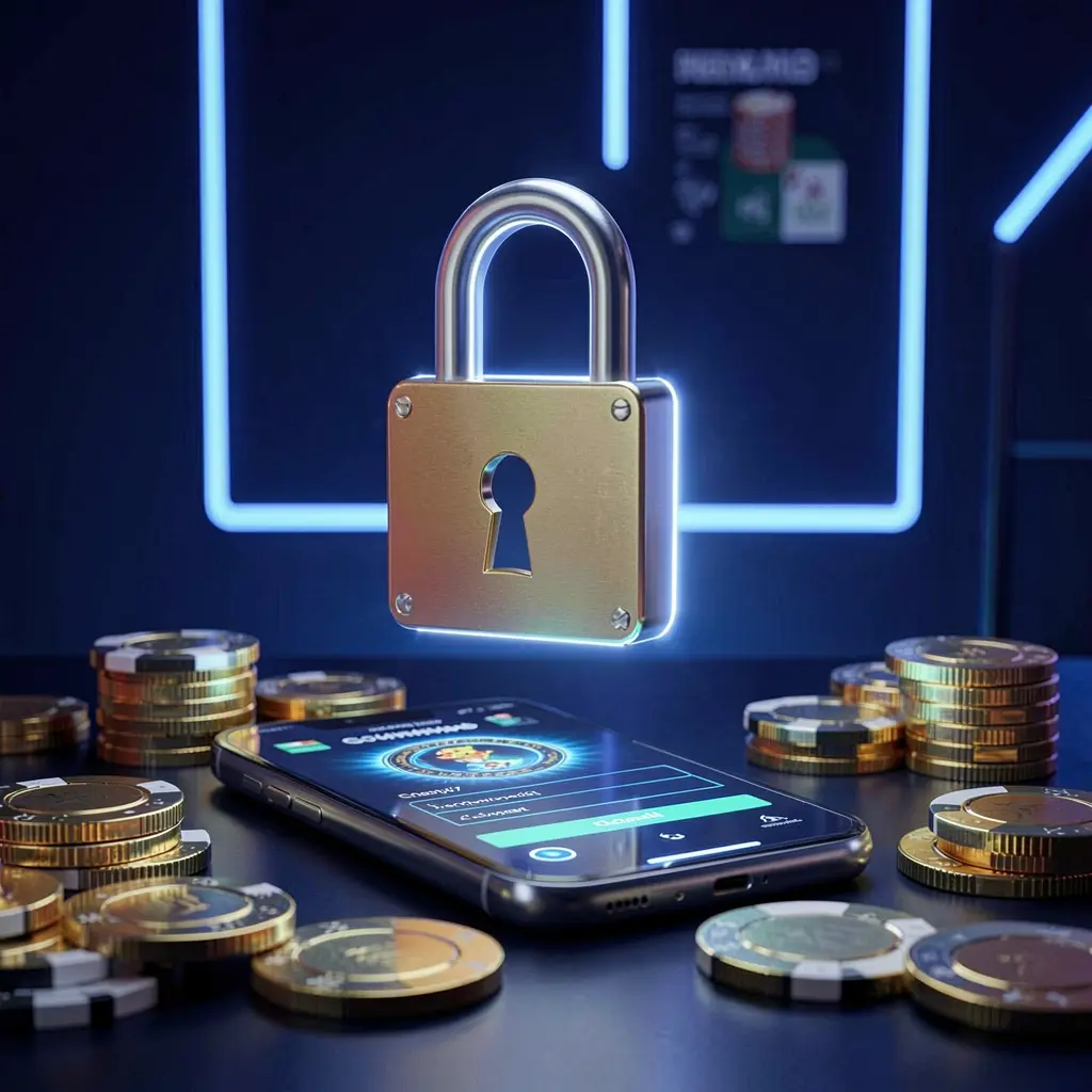 NKJL casino login security image showing a glowing padlock floating above a smartphone with golden coins and chips scattered around on a dark blue neon background in a premium realistic 3D render