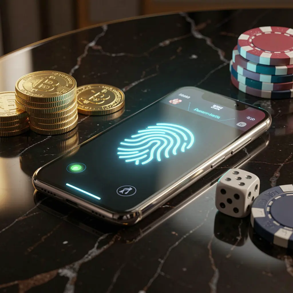 NKJL online gaming account access scene showing a smartphone with a glowing fingerprint icon surrounded by golden coins, dice, and poker chips on a glossy table under cinematic lighting