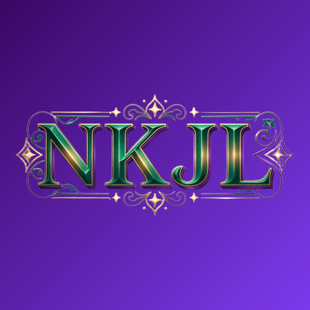 Luxury colorful NKJL logo with bold serif typography in rich emerald, violet, and gold palette featuring elegant glowing ornaments on a transparent background, designed as a horizontal rectangular wordmark for a premium brand identity