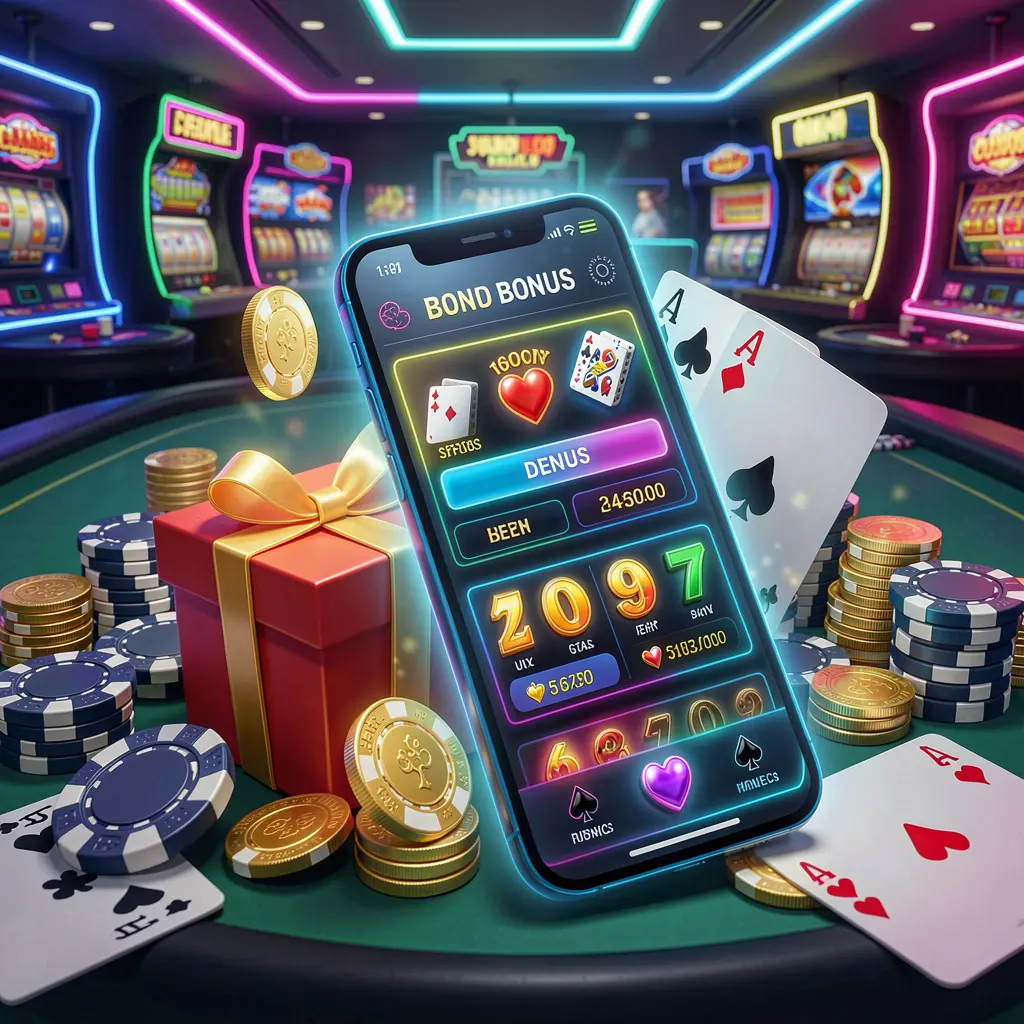 Modern casino website hero scene featuring a smartphone with a glowing interface surrounded by bonus gift box, chips, coins, and playing cards in a premium neon casino style by NKJL